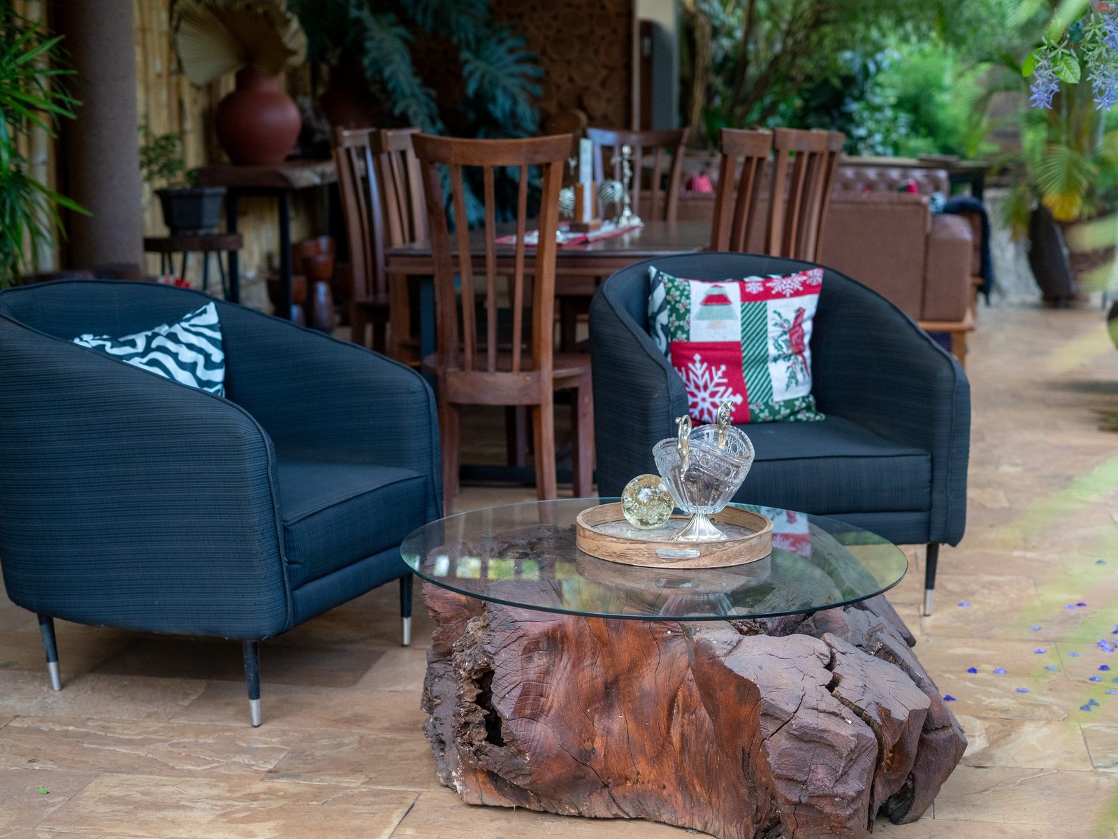 Courtyard seating arranged among planting