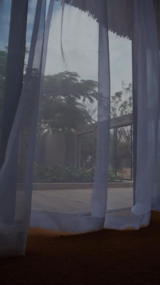 Curtains lifting on a garden view.